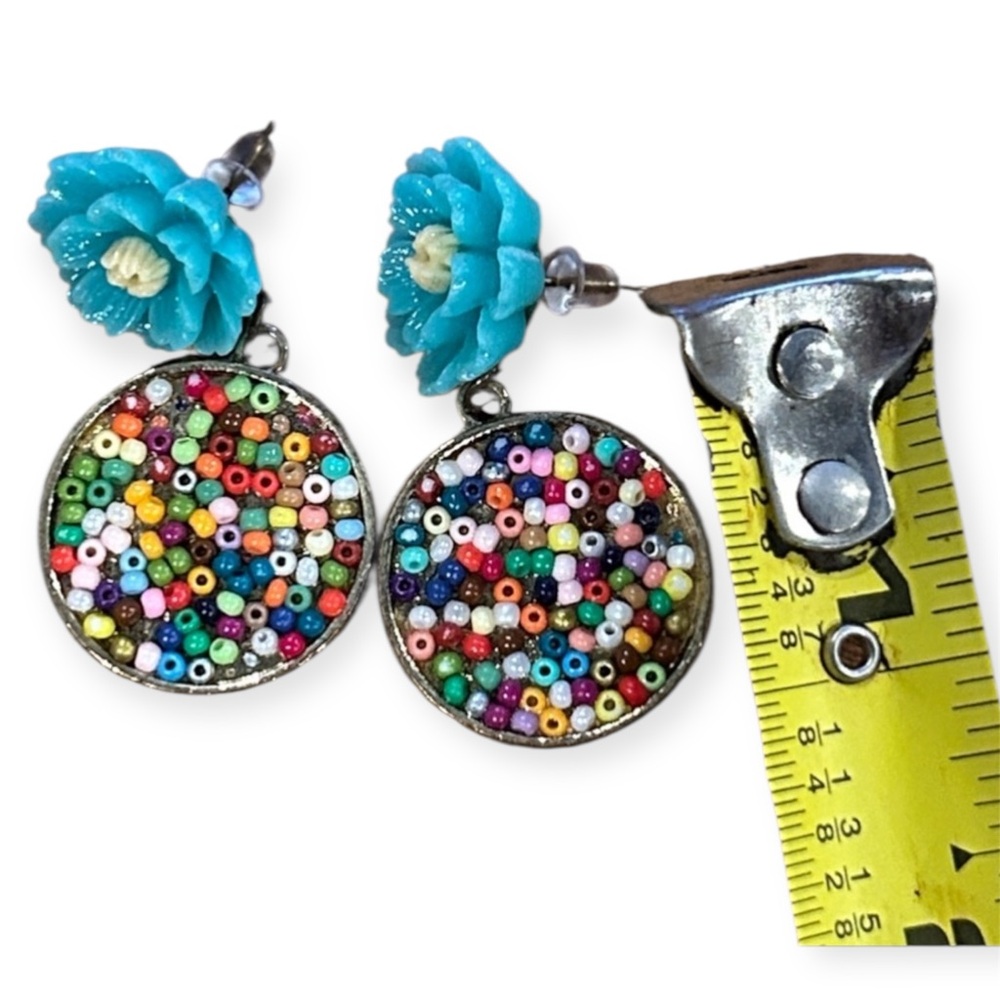 Beaded Multi Color Floral Post Earrings Fun Happy Beads Colorful Dangle Drop - Picture 3 of 4